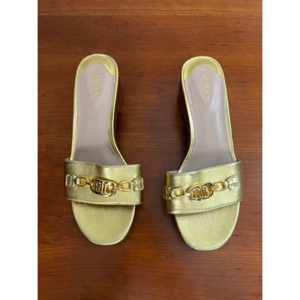 Lauren Ralph Lauren Roxanne Gold Leather Platform Slide Sandals Block Heel Women